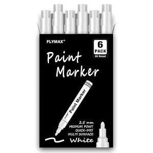 FLYMAX White Paint Pens, 6 Pack 2.5mm Medium Tip White Paint Marker Permanent for Wood Rock Plastic Leather Glass Stone Metal Canvas Ceramic Fabric Tire Paint Marker Oil Based
