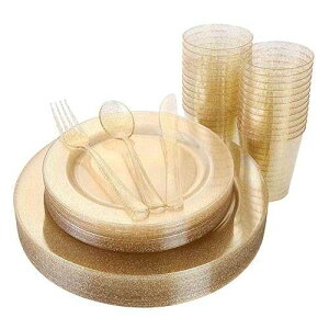 I00000 150PCS Gold Disposable Plates Silverware, Gold Glitter Dinnerware Set Include 25 Dinner Plates 10.25, 25 Dessert Plates 7.5, 25 cups 10 OZ, 25 Forks, 25 Knives, 25 Spoons for Wedding,Party