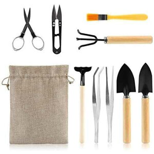 LIHAO 9PCS Basic Bonsai Tools Set, Bonsai Tree Kit Mini Garden Tools Includes Pruning Shears, Mini Rake, Fold Scissors and More