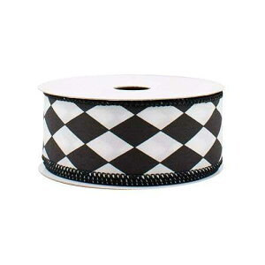 GiftWrap Etc. Black White Diamonds Harlequin Ribbon - 1 1/2 x 10 Yards, Argyle, Black Wire Edged, Wedding Embellishments, Gift Wrapping, Wreath Decoration, Garland, Tree Topper Bow, Christmas, Mardi Gras