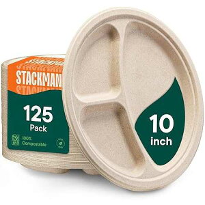 Stack Man 100% Compostable, 3 Compartment, Disposable Paper Plates [125-Pack] - {PFAS Free} - {BPA Certified} - [10 Inch] Heavy Duty Biodegradable Bagasse Sectional Lunch Trays + Dividers - Divided Platte Tray