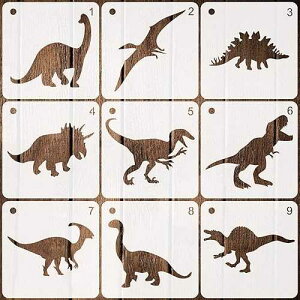 Coocamo 9 Pieces Dinosaurs Stencils Plastic Drawing Stencils Reusable Hollow Out Painting Stencil for DIY Craft