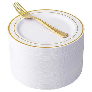 Nervure 204PCS Gold Dessert Plates with Forks - 102PCS 7.5inch Disposable Gold Plastic Plates and 102PCS Plastic Forks Perfect for Salads, Desserts, Parties, Catering, Christmas & Party & Father's Day