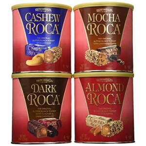 Brown & Haley Variety Pack - Dark Chocolate ROCA, Almond ROCA, Cashew ROCA and Mocha ROCA - Individually Wrapped Chocolate for Sharing or Gifting - Gift Bag Included - 10oz Canister, 4 Pack