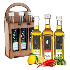 Pellas Nature | International Award Winner | Fresh Organic Infused Olive Oil Set | Finishing Oil | Lemon | Red Pepper | Oregano | Wooden Gift Set | Single Origin Greek | 3 X 1.7oz Bottles