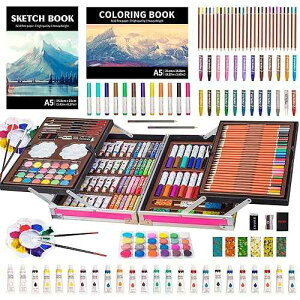 KINSPORY Art Set, 139 Pack ting Drawing Art Supplies Kit with 2 Sketch Pads, Double Layers Art Crafts, Colored Pencils, Oil Pastels, Watercolor ts, Aluminum Gift Case for Artists Kids (Pink)