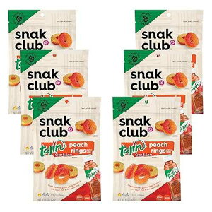 Snak Club Tajin Peach Rings Gummy Candy, Fruit Candy Gummies with Chili and Lime Seasoning, Mild, Gluten-Free and Vegan Snacks, 5 oz Resealable Bags, 6 Pack