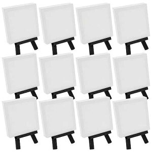 U.S. Art Supply 3 x 3 Stretched Canvas with 5 Mini Easel Kit (12 Pack) - Black Wooden A-Frame Tabletop Display Stand, Mini Easel Stand - Small Easels for Display, Small Canvases, Crafts, Photos