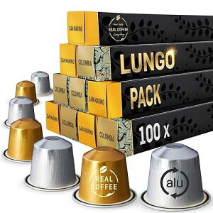 REAL COFFEE GREAT TASTE. EVERY DAY Lungo Variety Pack for Nespresso | 100 Test Winning Aluminum Capsules | 2 Smooth Italian Flavors �eSan Marino�f and �eColombia�f | 100% Nespresso Compatible Pods