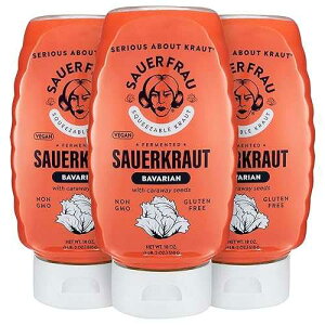 Sauer Frau - Squeezable Sauerkraut - Bavarian with Caraway Seeds Flavor, Tangy Crisp, Fermented Cabbage, Bold Taste, Easy Squeeze Bottle - 18oz 3 Pack
