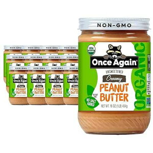 Once Again Organic Creamy Peanut Butter No Sugar Added - Single Ingredient, Unsalted, Natural Peanut Butter No Palm Oil - Glass Jar, Non-GMO, Gluten Free - Smooth and Unsweetened - 12 Jars (16 oz)
