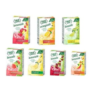True Lemon True Lime 7 flavor variety Pack: WATERMELON AQUA FRESCA, LIMEADE, Original Lemonade, Peach, Black Cherry, Raspberry & Mango Orange. True Citrus Assorted Beverage Pack: (7 boxes), Red