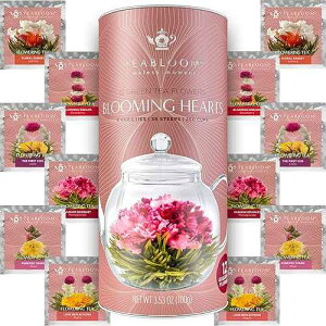 Teabloom Heart-Shaped Flowering Teas - 12 Assorted Blooming Tea Flowers - Green Tea + Jasmine, Pomegranate, Strawberry, Rose, Litchi & Peach Teabloom Heart-Shaped Flowering Teas 12 Assorted Blooming Tea Flowers Green Te
