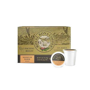 ROYAL KONA COFFEE FOR ROYALTY Royal Kona Roy's Pacific Coast, 10% Kona Coffee Blend, Medium-Dark Roast Single-Serve Coffee Pods, Compatible with Pod Brewing Systems, A Taste of Aloha - (12 Count Box)