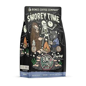 Bones Coffee Company S'morey Time, S'mores and Graham Crackers Flavored Coffee, Medium Roast Low Acid Arabica Beans Compatible with Auto drip and French Press Coffee Maker, 12 Oz Ground