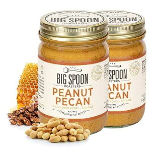 Big Spoon Roasters Peanut Pecan Butter w/ Organic Wildflower Honey & Sea Salt - Raw Honey Low Sugar Peanut Butter - Creamy Peanut Butter with Pecans - Palm Free, Keto Natural Pecan Butter - 2 x 13 Ounces