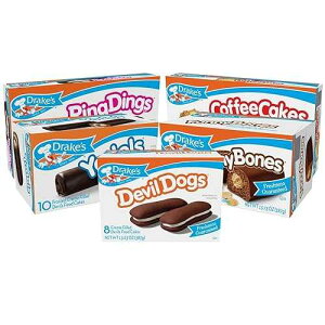 Drake's Variety Pack, 1 Box Each Of Coffee Cakes, Devil Dogs, Pound Cakes, Ring Dings, and Funny Bones, 40 Piece Assortment