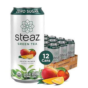 Steaz - Organic Green Tea - Zero Calorie Peach Mango (12 Pack) - Antioxidant Brew - 65mg Natural Caffeine, Vitamin C - Stevia Sweetened Iced Tea - Vegan, Fair Trade - 12 Cans, 16 fl oz (473mL)