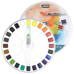 PEBEO Pebeo - Fine Watercolour Metal Round Box 24 Half Buckets - Pebeo Watercolour Painting Box - Watercolour Palette Kit 24 Half Buckets & 1 Pocket Brush