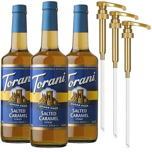 Torani Sugar Free Coffee Syrup, Salted Caramel 3-Pack, Zero-Calorie Flavoring for Drinks, Pumps Included, 25.4 Fl Oz Ea