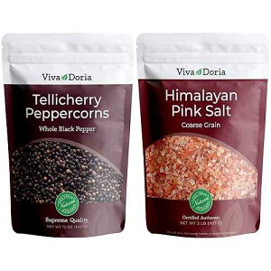 Viva Doria Tellicherry Whole Black Peppercorns, 12 oz & Himalayan Pink Salt, Coarse Grain, 2 lb Salt and Pepper Combo, For Grinder Refills, 2 Piece Set