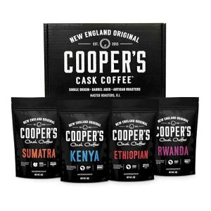 Cooper's Cask Coffee Gourmet Coffee Sampler Gift Box Set, Roasted Coffee Beans, Sumatra Dark, Kenya AA Medium-Dark, Rwanda Medium, Natural Ethiopian Light, Whole Bean, 4 Bags, 16 oz Total