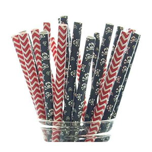 Food with Fashion Pirate Party Straws, Skull & Crossbones Skeleton Straws (50 Pack) - Black & Red Halloween Pirate Birthday Party Supplies & Table Decorations, Halloween Paper Straws