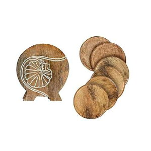 storeindya Store Indya Round Wooden Coasters 6-Pack Set Absorbent Drink Coaster with Holder Round Cup Coasters for Cold Drinks and Hot Beverage (Marie Gold Tan) - 4 Inches