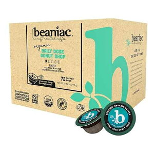 beaniac Organic Daily Dose Donut Shop, Light Roast, Single Serve Compostable K Cup Coffee Pods, Organic Arabica Coffee, Keurig Brewer Compatible, 72 Count