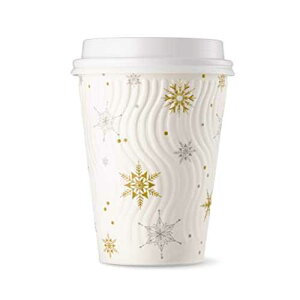 Harvest Pack GOURMET SHOWCASE HAKOWARE [100 SETS]12 oz White Snowflake Disposable Coffee Cups, Insulated Ripple Wall Paper Cups with Lids, Christmas Gold and Silver Foil, Coffee Tea Hot Chocolate Drinks To go