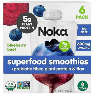 Noka Superfood Fruit Smoothie Pouches, Blueberry Beet, Healthy Snacks with Flax Seed, Plant Protein and Prebiotic Fiber, Vegan and Gluten Free Snacks, Organic Squeeze Pouch, 4.22 oz, 6 Count