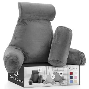 Clara Clark Reading Pillow, Back Rest Pillow for Sitting in Bed with Arms for Kids & Adults - Premium Shredded Memory Foam TV Sit Up Pillow - Large, Gray