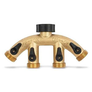 Gilmour Heavy Duty Metal 4 Way Garden Hose Splitter, Quad Water Hose Splitter with Shut Off Valve, Brass Water Manifold
