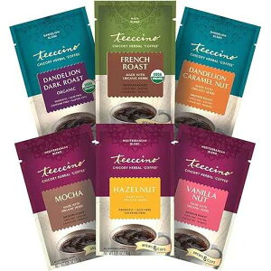 Teeccino Herbal Coffee Sampler - 6 x 30g Trial Size Chicory Coffee Alternatives - French Roast, Vanilla Nut, Hazelnut, Mocha, Maca Chocolate, Java ? Prebiotic, Caffeine Free & Acid Free