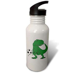 3dRose Funny Cute Green T-rex Dinosaur Playing Soccer Cartoon Flip Straw 21oz Water Bottle