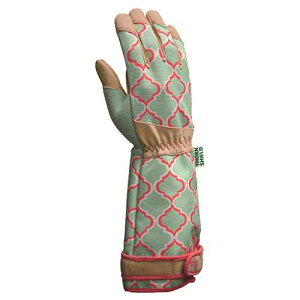 Digz Rose Pruning Vegan Leather Garden Gloves, Long Forearm Protective Cuff with Touchscreen Compatible Finger Tips, Red Geometric Pattern, Medium