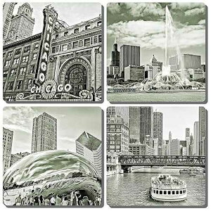 EXIT82ART Life in Pictures. EXIT82ART - Stone Drink Coasters (Set of 4). Iconic Chicago. Sepia Toned, Tumbled Stone, Cork-Backed.