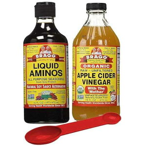 Bragg Variety Pack: Bragg Organic Liquid Aminos 16 oz + Bragg Apple Cider Vinegar Organic Raw Unfiltered, 16 Oz; with Bonus Measuring Spoon