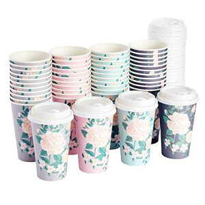 BLUE PANDA Paper Coffee Cups - 16 Oz, 48 Count, 4 Pastel Floral Colors - Disposable Cups with Lids for Hot & Cold Coffee & Tea to Go BLUE PANDA Paper Coffee Cups - 16 Oz, 48 Count, 4 Pastel Floral Colors -