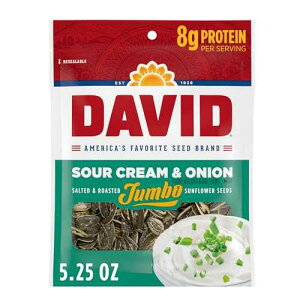 DAVID �T���[�N���[�� & �I�j�I�� �W�����{ �q�}�����̎�A�P�g�t�����h���[�A5.25 �I���X�̍Ė����\�ȃo�b�O DAVID Roasted and Salted Jumbo Sunflower Seeds, Sour Cream and Onion Flavor, 5.25oz.