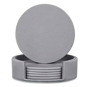 Hoopoton 6 Pieces Grey Coasters, Coasters for Drinks with a Holder Cup Mat Pad Protect Furniture from Coffee or Tea Marks(Grey, Round)