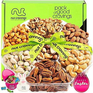 NUT CRAVINGS Gourmet Collection - Easter Mixed Nuts & Candies Gift Basket with Happy Easter Ribbon (7 Piece Assortment) Candy Filled Egg + Bunny Stuffer, Healthy Kosher Snack Box