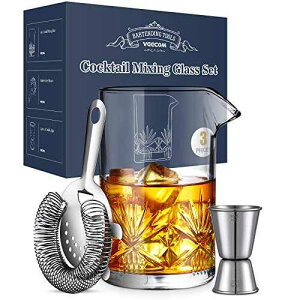 Cocktail Mixing Glass, veecom 18oz Crystal Bartender Kit, 3 Piece Old Fashioned Cocktail Set with Strainer, Jigger, Bar Tools Cocktail Shaker Set, Cocktail Mixer Stirring Glass