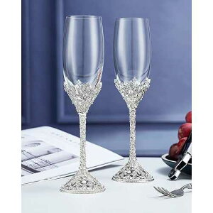 Jozen Gift Champagne Flutes - Crystal Glass Metal Base With Crystal Stones, Set of 2 Toasting Flute Pair, Wedding Anniversary Party Birthday Banquets and Gifts for Bride and Groom7oz