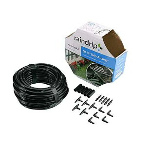 Raindrip R280DT Drip-A-Long 1/4 in. Dripline Kit includes 50 feet of 1/4-Inch Dripline preassembled with 1/2 GPH drippers, 5 Barbed Tees, 5 Barbed Elbows, 5 Barbed Couplings, 5 End Plugs