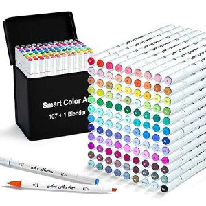 Smart Color Art 108 Pack Art Markers, 107 Alcohol Based Marker Pens and 1 Blender, Dual Tip Coloring Permanent Markers Highlighters with Case, Excellent for Adults Kids Marking Drawing Sketching