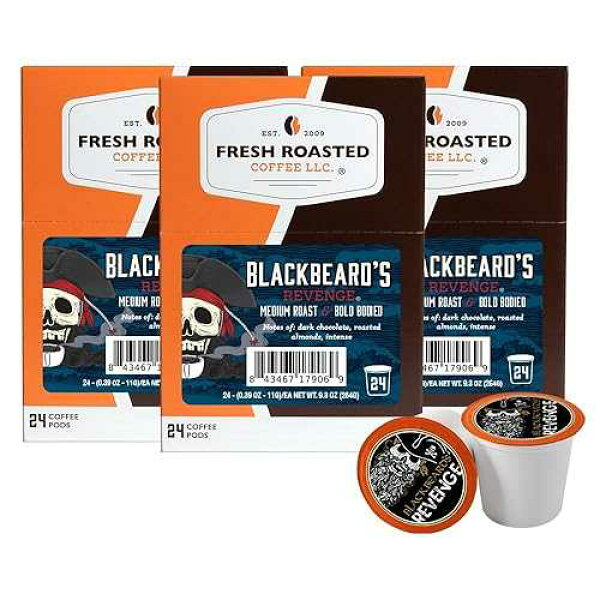 フレッシュローストコーヒー、ブラックビアードの復讐、 中煎り、72ポッド Fresh Roasted Coffee, Blackbeard's Revenge, Medium Roast, 72 Pods for K Cup Brewers