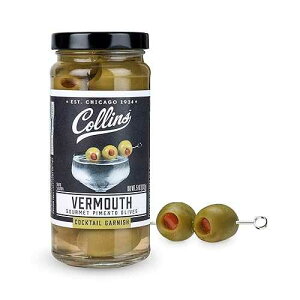 Collins Gourmet Vermouth Pimento Olives / Premium Garnish for Cocktails, Martinis, Drinks, Salads, Snack Trays, Charcuterie, and Cheese Spreads, Dirty Martini Cocktail and Condiment Olives, 4.5oz Collins Chicago Collins