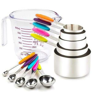 CONTROL KITCHEN Measuring Cups and Spoons Set 11 Piece. Includes 10 Stainless Steel Measuring Spoons and Cups Set and 1 Plastic Measuring Cup. Liquid Measuring Cups Set and Dry Metal Measuring Cup Set