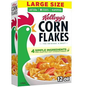Kellogg's Corn Flakes Cold Breakfast Cereal, 8 Vitamins and Minerals, Fat Free, Large Size, Original, 12oz Box (1 Box)